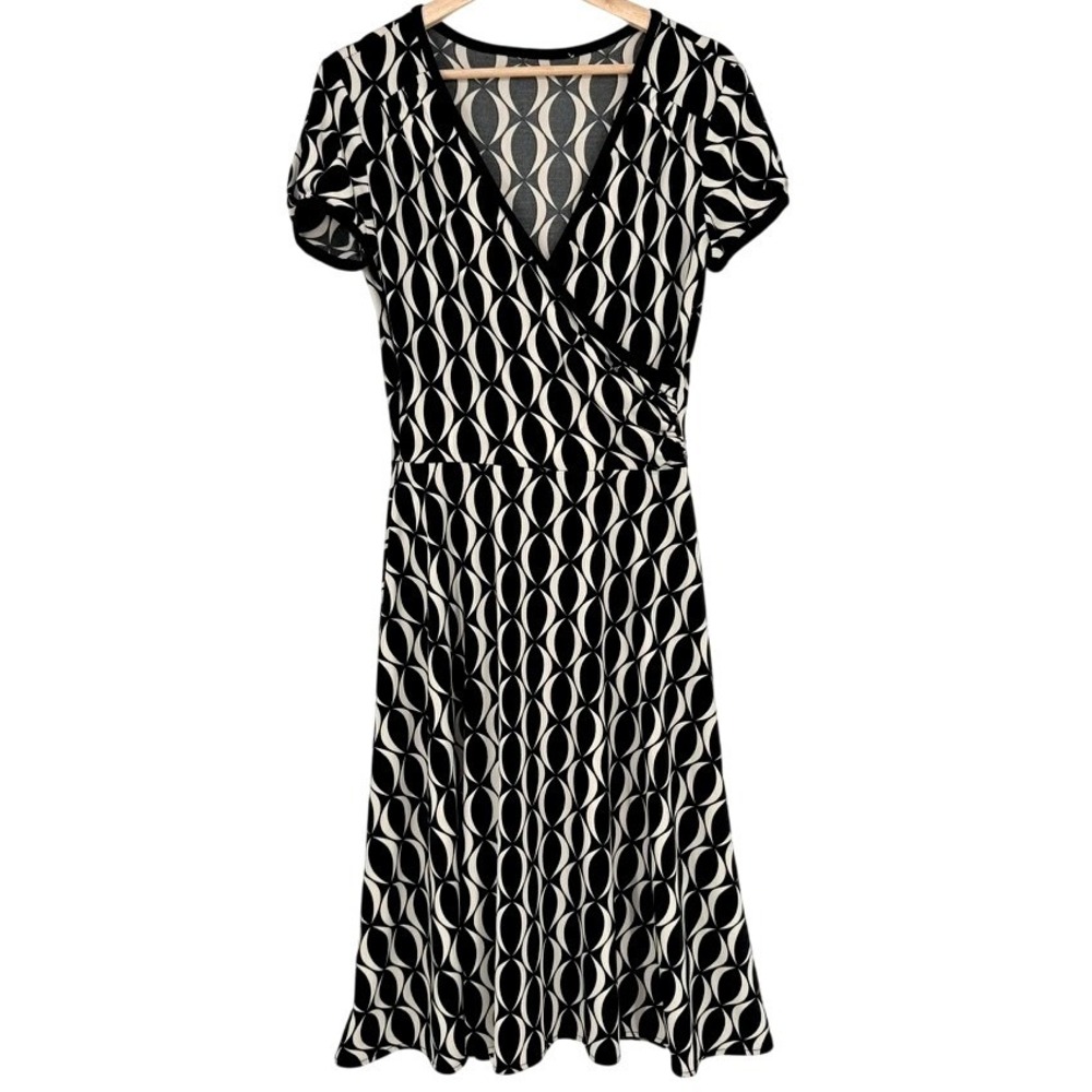 Womens Black White Retro Optical Faux Wrap V-Neck A-Line Dress Knee S 60s Art